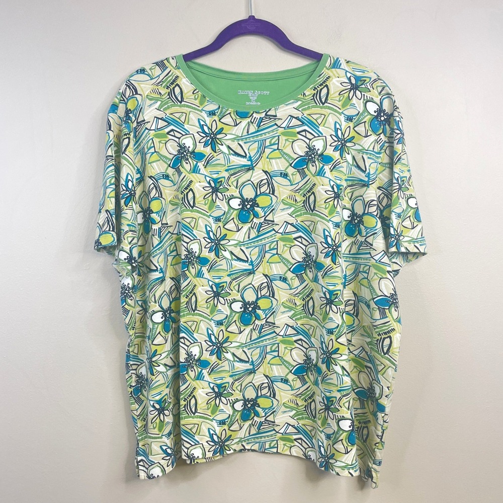 Karen Scott Art To Wear Knit Top Womens 2X Floral Casual Colorful Short Sleeve